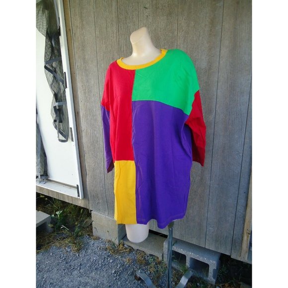 NOS Vtg 80s Shirt Colorblock Red Green Purple One Size 100% Cotton - Picture 2 of 10